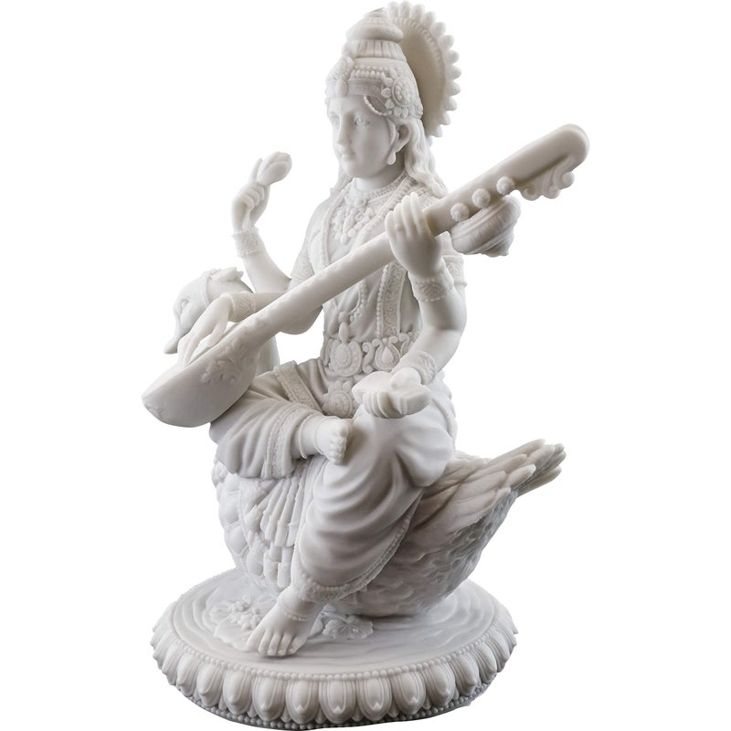 Top Collection 8" H 7" W Saraswati on Swan Statue in White Marble Finish - Hindu Goddess of Knowledge Sculpture - Image 2